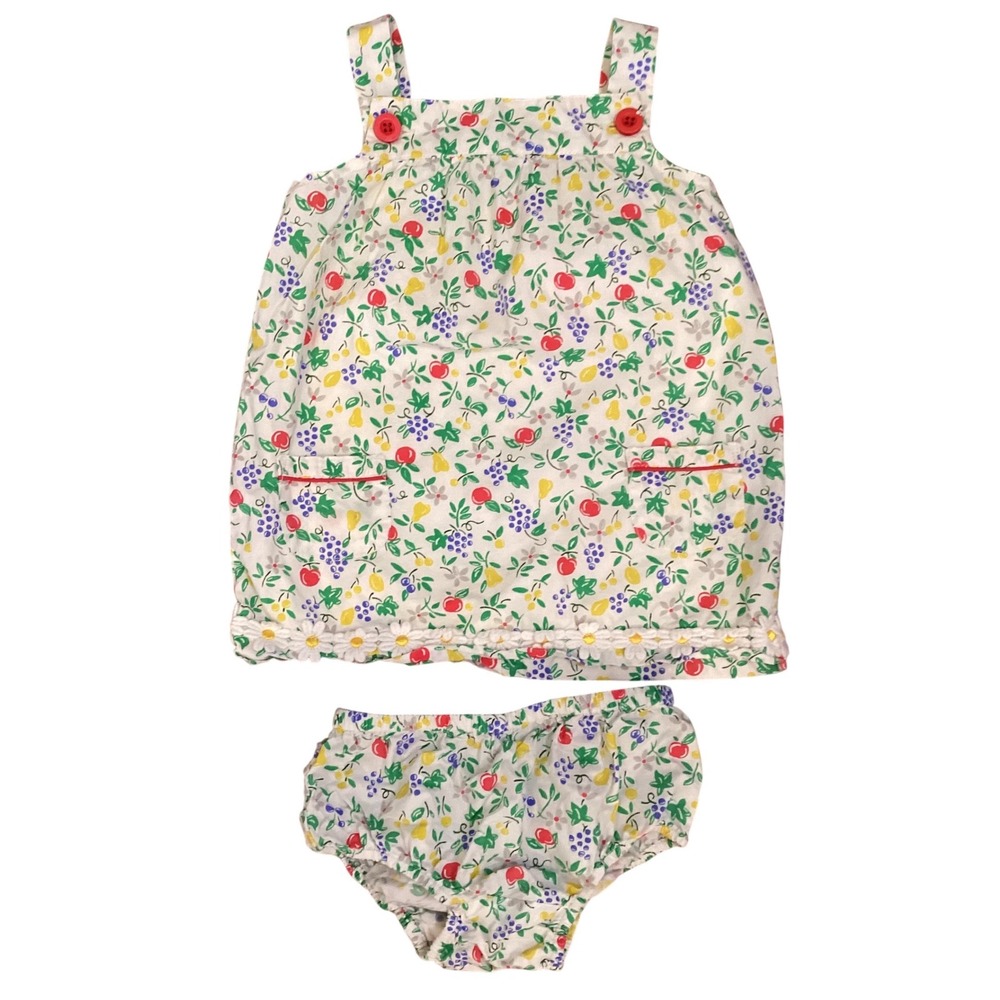 Baby Boden 6-12 most Fruit Print Pinafore Dress and Bloomers Set Daisy Trim